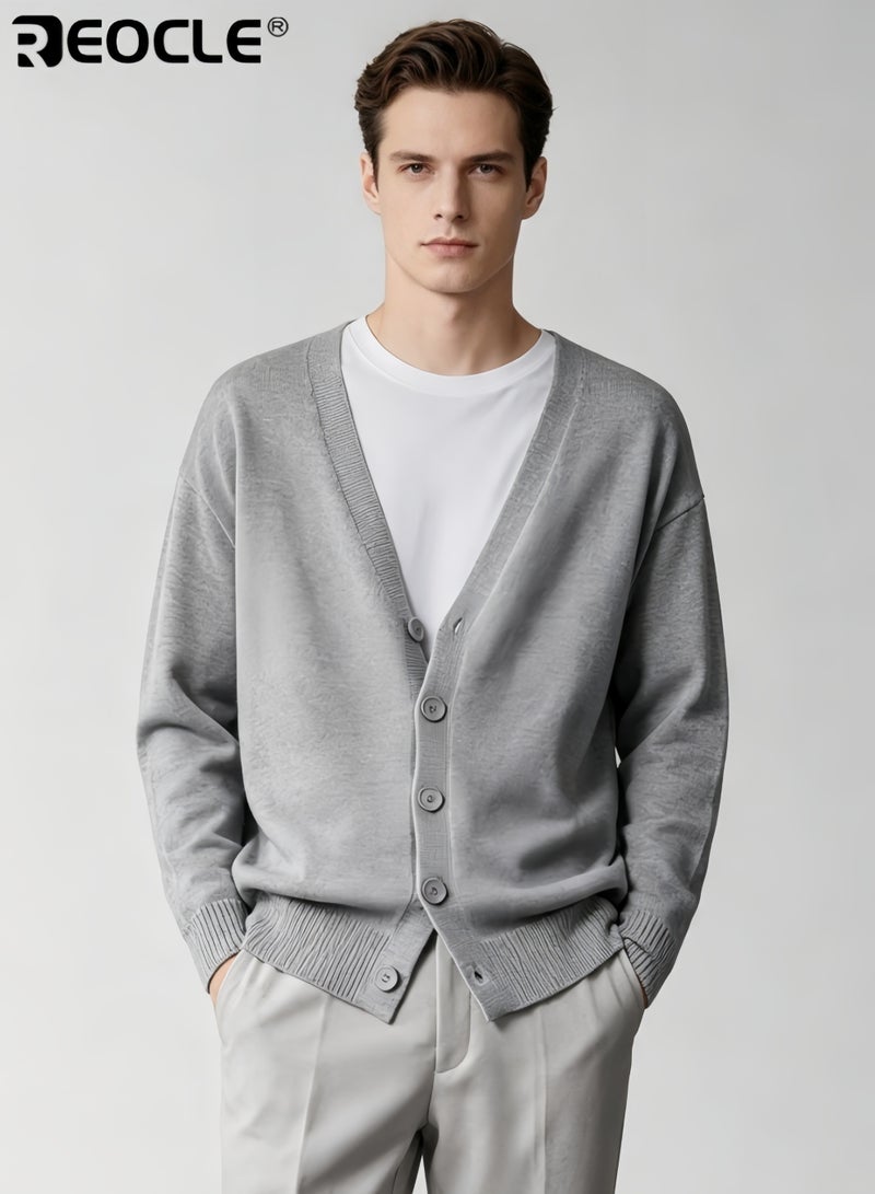 REOCLE Men's Long Sleeve Cardigan with V-Neck Button Design Lightweight Knit Sweater with Casual Comfort for Outdoor Layering - Image 1
