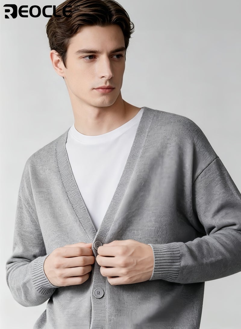 REOCLE Men's Long Sleeve Cardigan with V-Neck Button Design Lightweight Knit Sweater with Casual Comfort for Outdoor Layering - Image 2