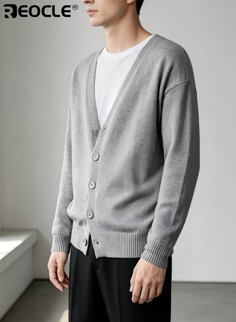 REOCLE Men's Long Sleeve Cardigan with V-Neck Button Design Lightweight Knit Sweater with Casual Comfort for Outdoor Layering - Image 4