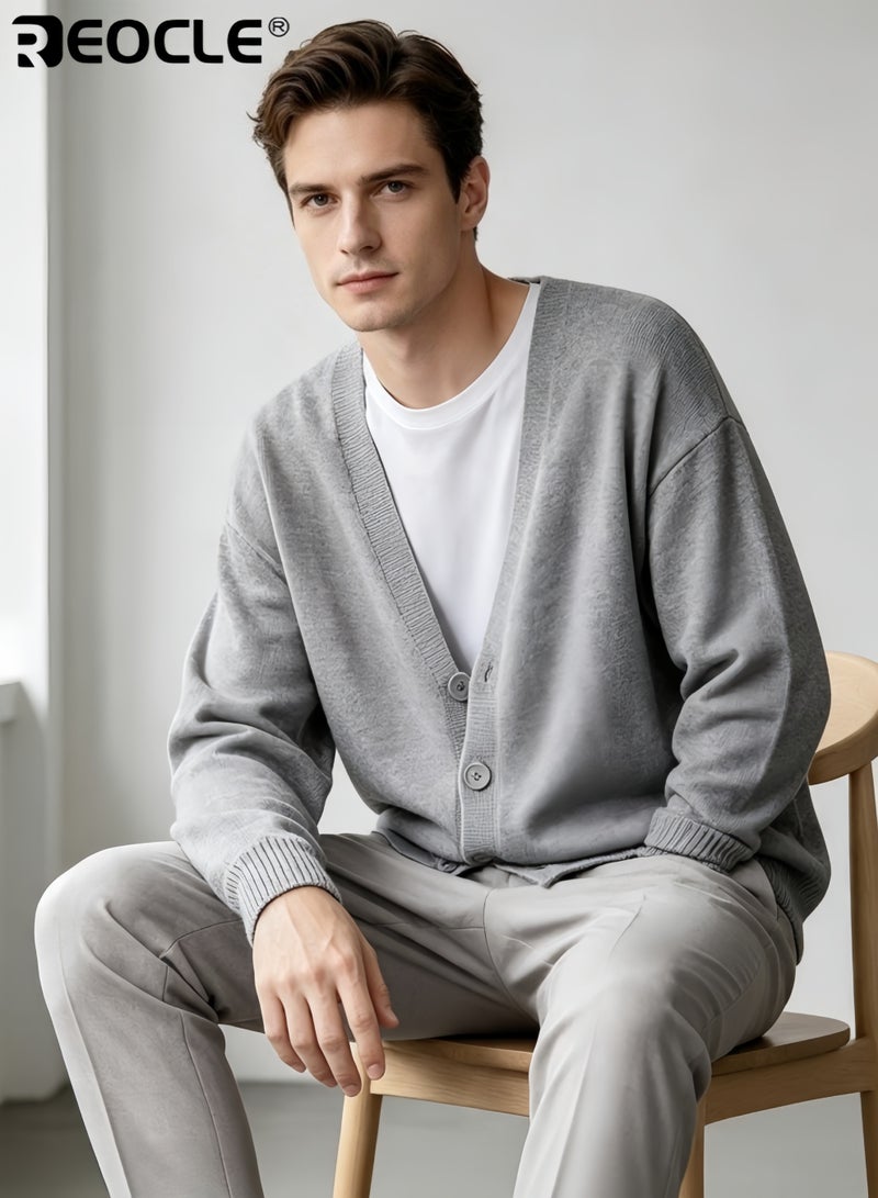 REOCLE Men's Long Sleeve Cardigan with V-Neck Button Design Lightweight Knit Sweater with Casual Comfort for Outdoor Layering - Image 5