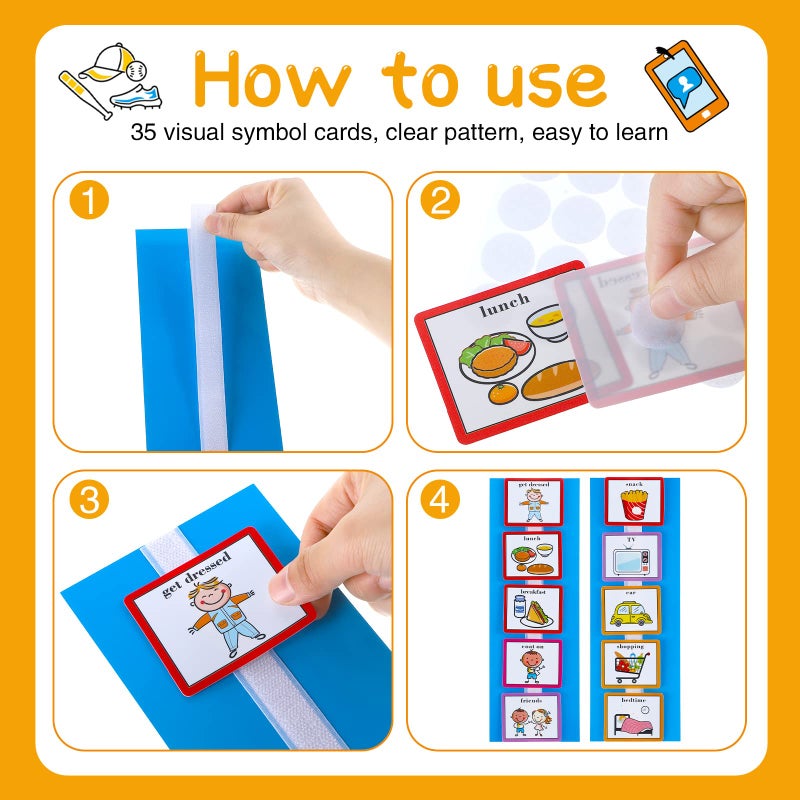 Eersida 35 Pieces Visual Schedule Cards Routine Cards Home Chore Chart Routine Autism Learning Materials with 35 Pieces Hook and Loop Dots(Cute Style,Blue) - Image 3