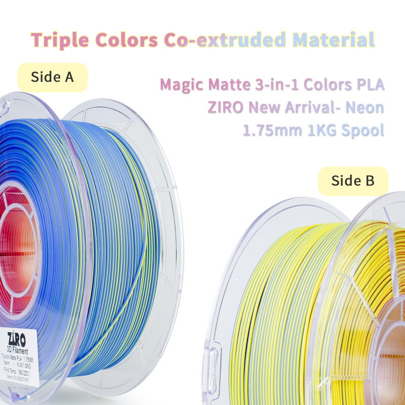 ZIRO Matte 3-in-1 Color Change PLA Filament 1.75mm, Magic Discoloration 3D Printer Filament, Different Color Coextrusion Chrome 3D Material, Fit Most FDM 3D Printers,1KG/2.2lb Spool, Neon - Image 2