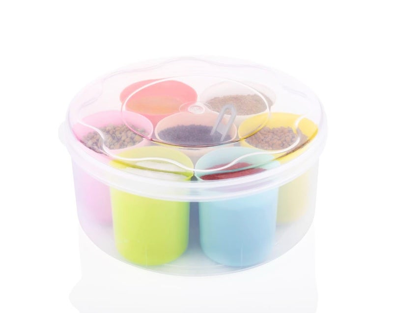 HomeWiz Round 7 Section Masala & Storage Box | Dry Fruit, Pickle & Spice Container | 7-in-1 Spice Box Dabba Organizer for Kitchen | Multipurpose Masala Container with Compartments - Transparent - Image 1