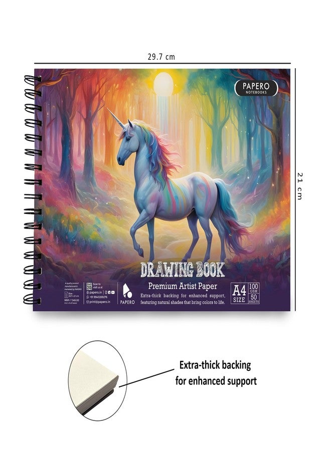 PaperO A4 Sketch Book for Drawing | 100 GSM Thick Paper | 100 Pages(50 Sheets) | Spiral Wire-O Bound | Art Sketching for Artists, Kids & Adults | Unicorn Cover Design - Image 2