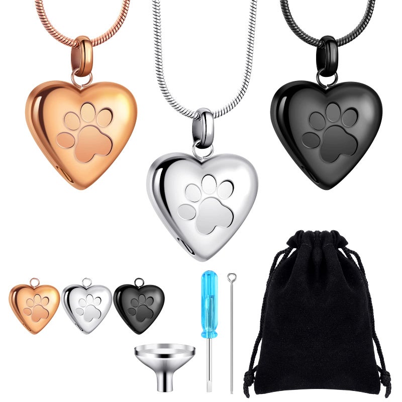 Jetec 3 Pcs Pet Ashes Necklace for Dogs Urns Cremation Jewelry Paw Print Heart Stainless Steel Pendant Memorial Ashes Necklace with Filling Kit Keepsake Jewelry for Pet Dog Cats Keepsake - Image 2