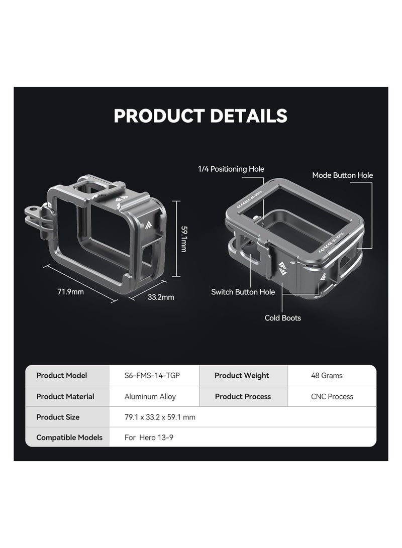 TELESIN TELESIN S6-FMS-15-TGP Updated Metal Protective Housing Frame for GoPro Hero 13/12/11/10/9 – Rugged Aluminum Cage with Cold Shoe Mount & Quick Release Base - Image 2