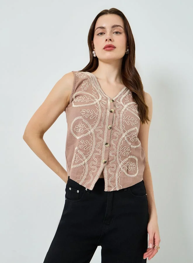 Women Beige Dori Embroidered Waistcoat