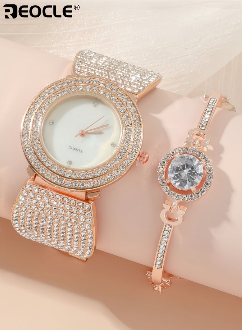 REOCLE Women's Diamond Watch Luxury Bling Classic Watch Rhinestone Watches with Imported Movement & Shell-shaped Diamond-set Strap & Everyday Water Resistance - Image 2