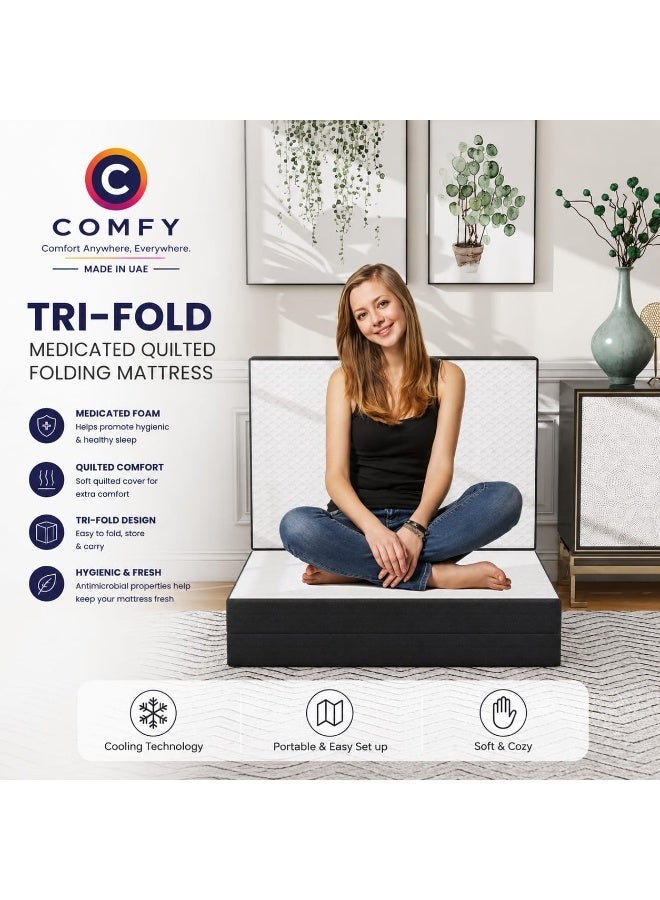 Comfy White Folding Medicated Portable Satin 180 X 90 X 7Cm Single Mattress With Black Border - Image 1