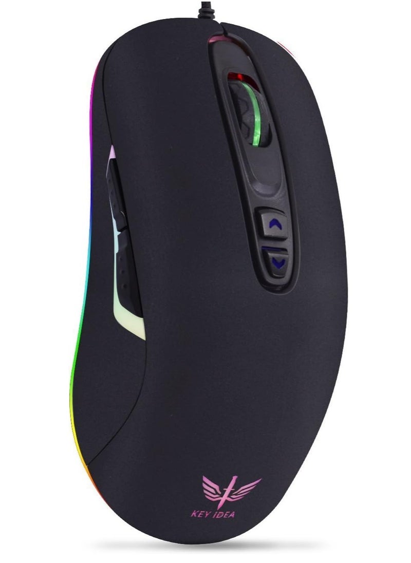 Generic - KEY IDEA G10S Gaming Mouse - OMRON (20M) Micro Switch - AVAGO 3050 4000DPI Optical (1000 Hz Polling Rate / 60IPS / 20G)- RGB LED Lights - 6 Buttons - Non-Slip Wired Ergonomic Mouse For MMO ,RTS,FPS , MOBA Games | Black - Image 1