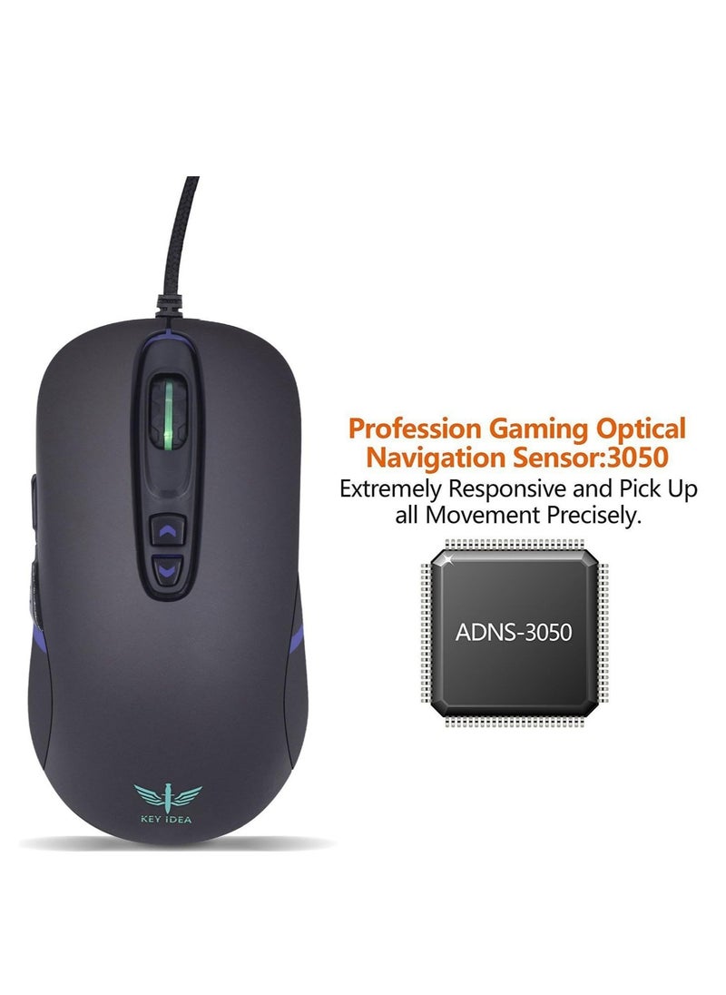 Generic - KEY IDEA G10S Gaming Mouse - OMRON (20M) Micro Switch - AVAGO 3050 4000DPI Optical (1000 Hz Polling Rate / 60IPS / 20G)- RGB LED Lights - 6 Buttons - Non-Slip Wired Ergonomic Mouse For MMO ,RTS,FPS , MOBA Games | Black - Image 1