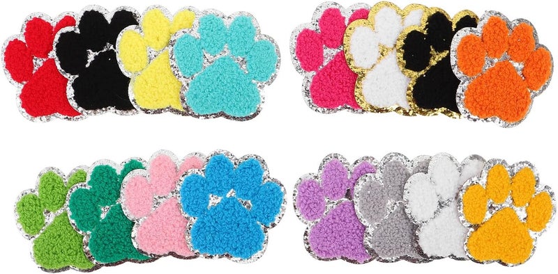 16pcs Iron-on Dog Paw Embroidered Applique Patches with Silver Edges for DIY Sewing Self Adhesion Pet Paw Print Repair Patch Set for Jackets Bags Jeans - Image 1