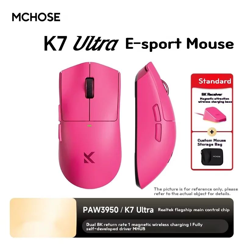 Mchose K7 Ultra Wireless Gaming Mouse, Lightweight Esports Mouse, Tri-Mode Wired/2.4G/Bluetooth, Paw3950 Dual Drive, Dark Pink - Image 1