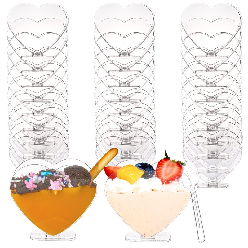 Coloch 100 Pack Plastic Mini Dessert Cup with Spoon for 4 oz Dessert27 oz Liquid Clear Parfait Appetizer Cup Heartshaped Small Serving Bowl for Party Buffet Valentines Day Wedding