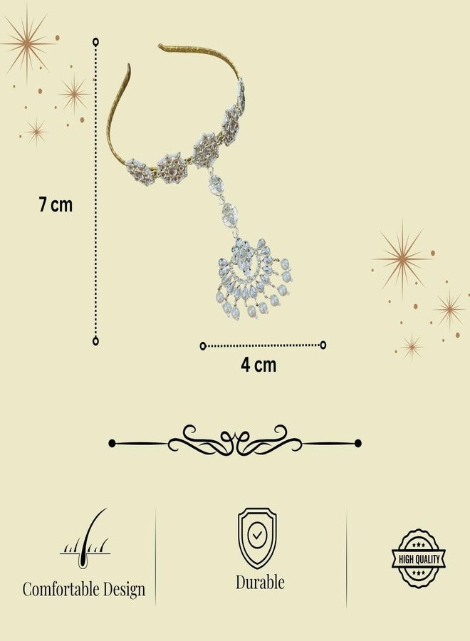 Ruhi Creation Kundan Pearl Sheeshphool Headband for Women | Bridal Matha Patti with Dangling Pendant | Traditional Rajwadi Borla Jewellery for Wedding - Image 5