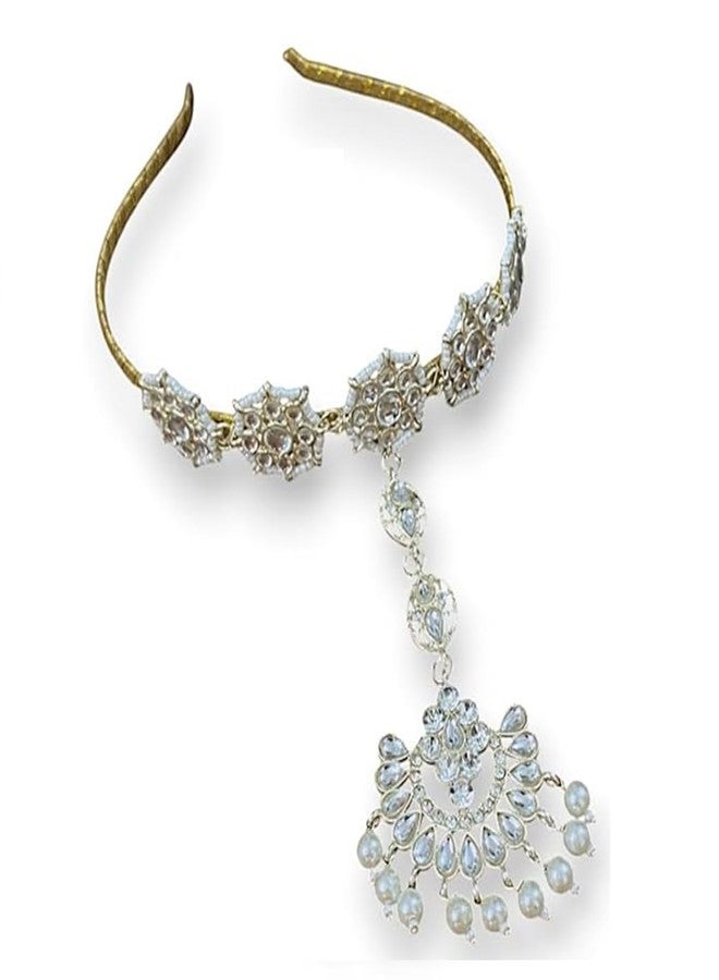 Ruhi Creation Kundan Pearl Sheeshphool Headband for Women | Bridal Matha Patti with Dangling Pendant | Traditional Rajwadi Borla Jewellery for Wedding - Image 1