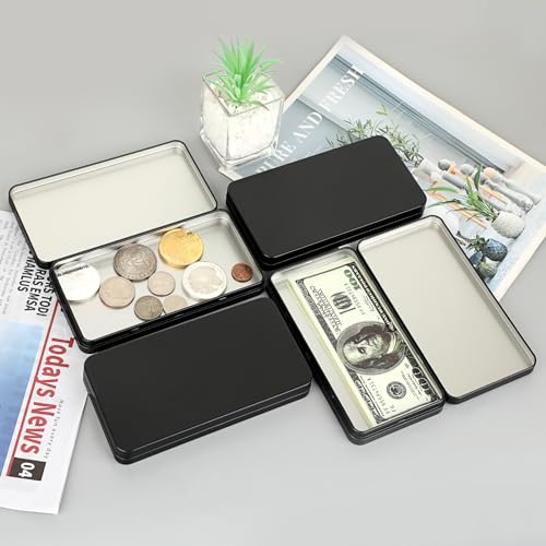 Hipiwe Metal Rectangular Cash Box with Lid 4 Packs Currency Tray Money Holder Black Metal Empty Box Container Small Dollar Bill Storage Tin Box for Cash Coin Jewelry Stamps Organizer - Image 3