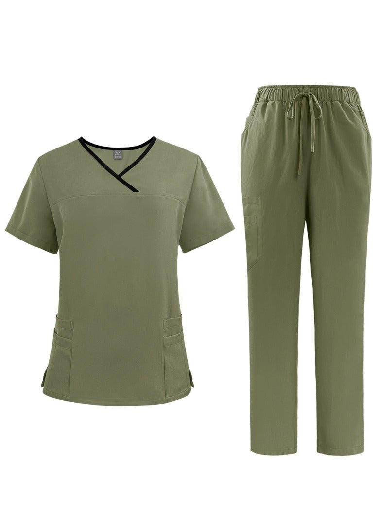 Loquat Womens Medical Uniform Scrubs 2 Piece Set V-Neck Top and Elastic Waist  Straight Pants Suit Army Green