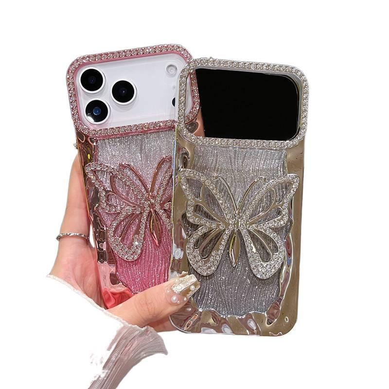 غطاء واقي بسيليكون لـ iPhone 15 / 15 Plus / 15 Pro / 15 Pro Max مع مقاوم للصدمات وحماية من السقوط مع مقاوم للصدمات مع تصميم فراشة مرصع بالألماس مع مفرغ باللون Gradient من السيليكون - Layan Lure - Image 5