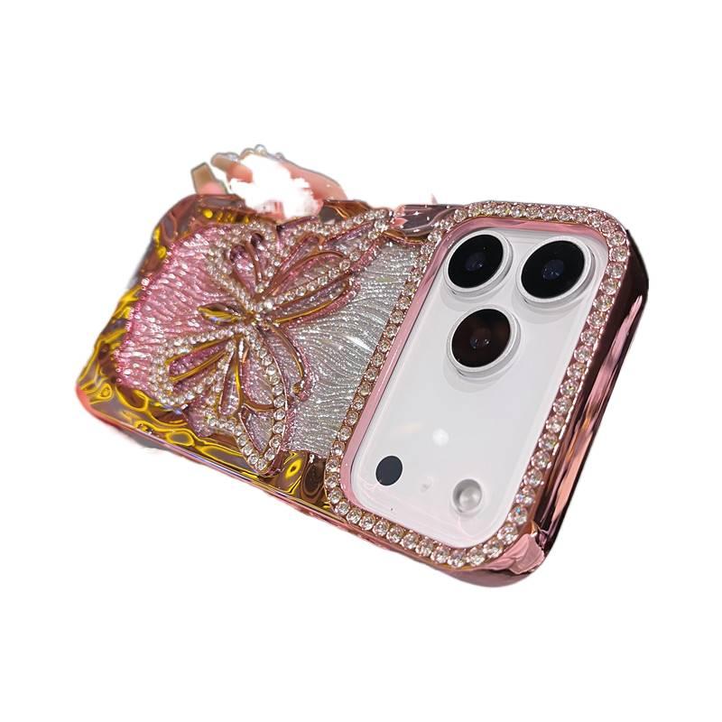غطاء واقي بسيليكون لـ iPhone 15 / 15 Plus / 15 Pro / 15 Pro Max مع مقاوم للصدمات وحماية من السقوط مع مقاوم للصدمات مع تصميم فراشة مرصع بالألماس مع مفرغ باللون Gradient من السيليكون - Layan Lure - Image 1