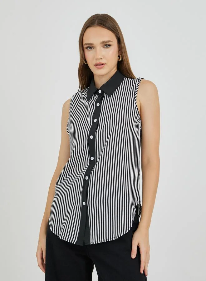 تايك تو قميص بدون أكمام مخطط بياقة عريضة