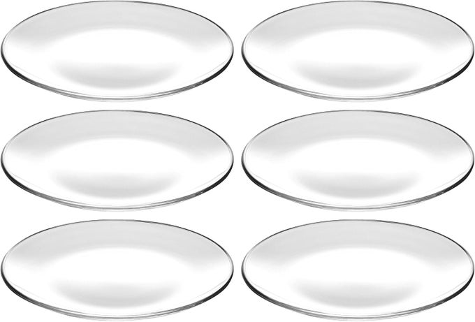 EUROPEAN GLASS SET OF 6 PLATES SALAD DESSERT ROUND EACH PLATE IS 83 DIAMETER CLEAR MADE IN EUROPE