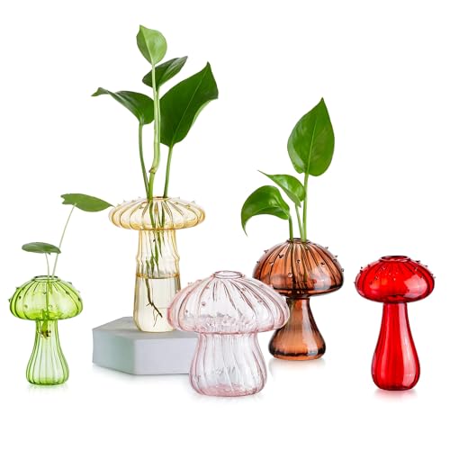 Glasseam Mushroom Glass Planter, Set of 5 Colored Plant Propagation Station, Mini Terrarium for Plants, Unique Small Glass Vase for Flowers, Cute Hydroponic Indoor Planters Gifts for Women Room Decor - Image 1