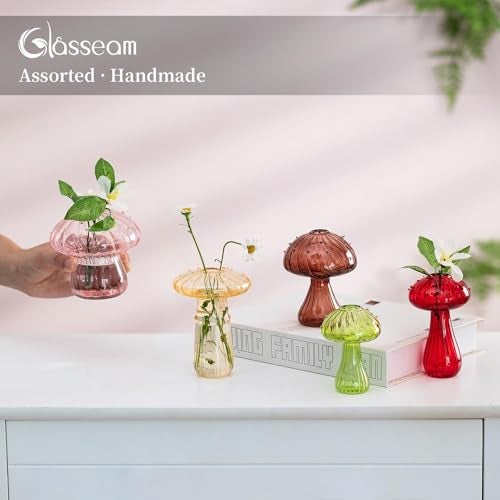 Glasseam Mushroom Glass Planter, Set of 5 Colored Plant Propagation Station, Mini Terrarium for Plants, Unique Small Glass Vase for Flowers, Cute Hydroponic Indoor Planters Gifts for Women Room Decor - Image 3