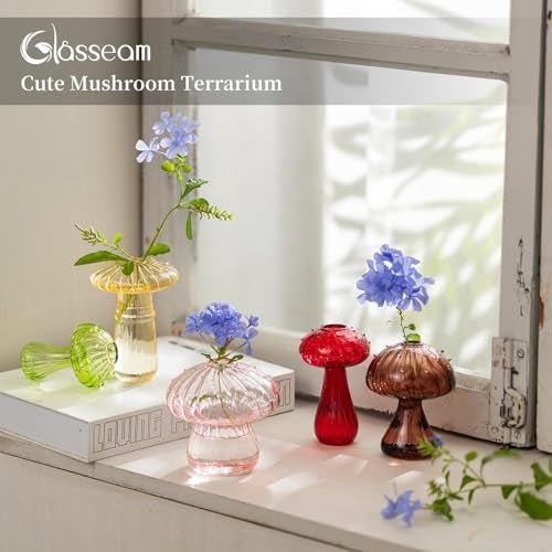 Glasseam Mushroom Glass Planter, Set of 5 Colored Plant Propagation Station, Mini Terrarium for Plants, Unique Small Glass Vase for Flowers, Cute Hydroponic Indoor Planters Gifts for Women Room Decor - Image 2