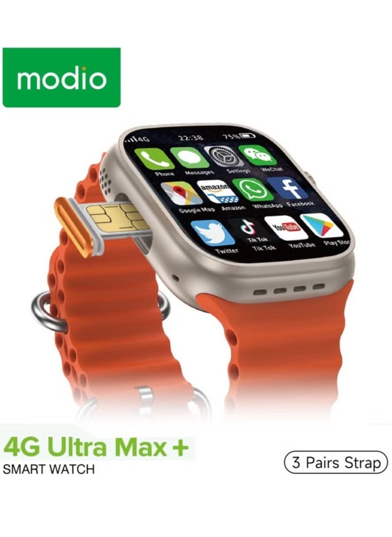 modio - Modio 4G Ultra Max Plus Smartwatch – 2.2 Inch HD Screen, SIM Card Slot, 3 Straps Included, For Men & Women (Silver) - Image 1
