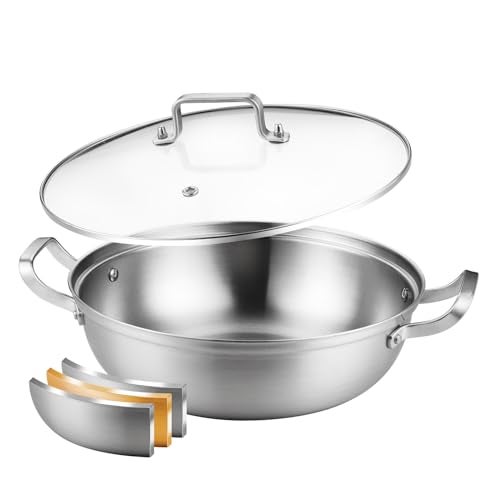 Delarlo TriPly Stainless Steel 11 inch Everyday Pan with Lid Kitchen Induction Deep Saute Panshabu shabu pot High Side Cooking Pot 35QT Oven Safe Stock Pot Up to 600