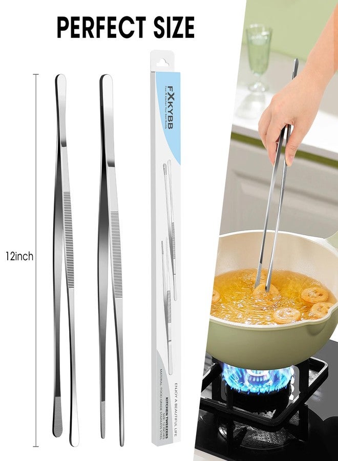 FXKYBB 2 Pcs 12-inch Stainless Steel Kitchen Utensils, Cooking Tongs, Kitchen Tweezers for Cooking, Camping Cooking Essentials - Image 4