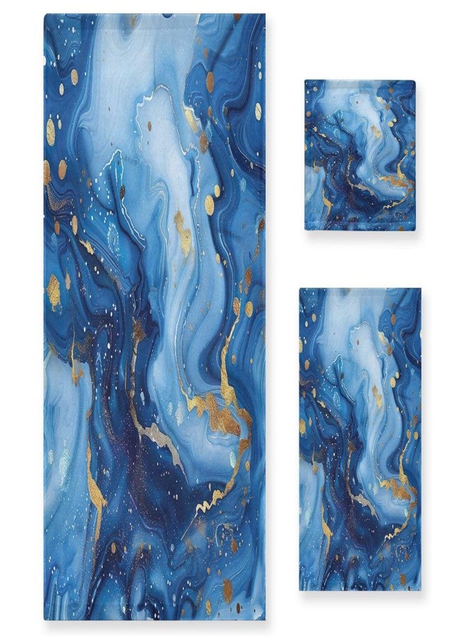 YETTASBIN Blue Gold Marble Towel Set of 3, Highly Absorbent Soft Towels with Bath Towel, Hand Towel and Washcloth for Bathroom Hotel Gym Spa - Image 1