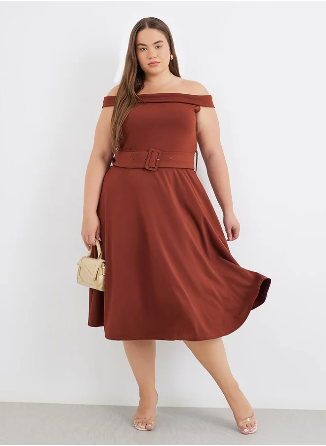 ستايلي Styli Plus Brown Midi Dress with Off Shoulder Neck