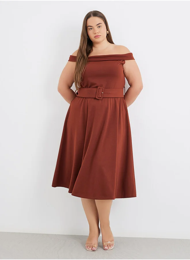 ستايلي Styli Plus Brown Midi Dress with Off Shoulder Neck