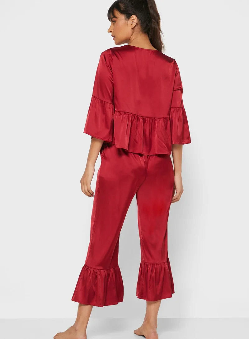 ELLA Wrap Front Ruffle Trim Pyjama Set
