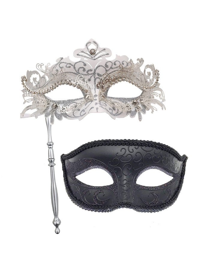 Geek-M Couple Masquerade Mask with Stick Women Men Mardi Gras Mask Costume Masks for Venetian Party Christmas Festival (White) - Image 1