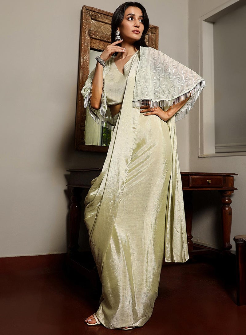 QISSA Women's Sage Green Bijou Cape Pre-Draped Saree - Image 3