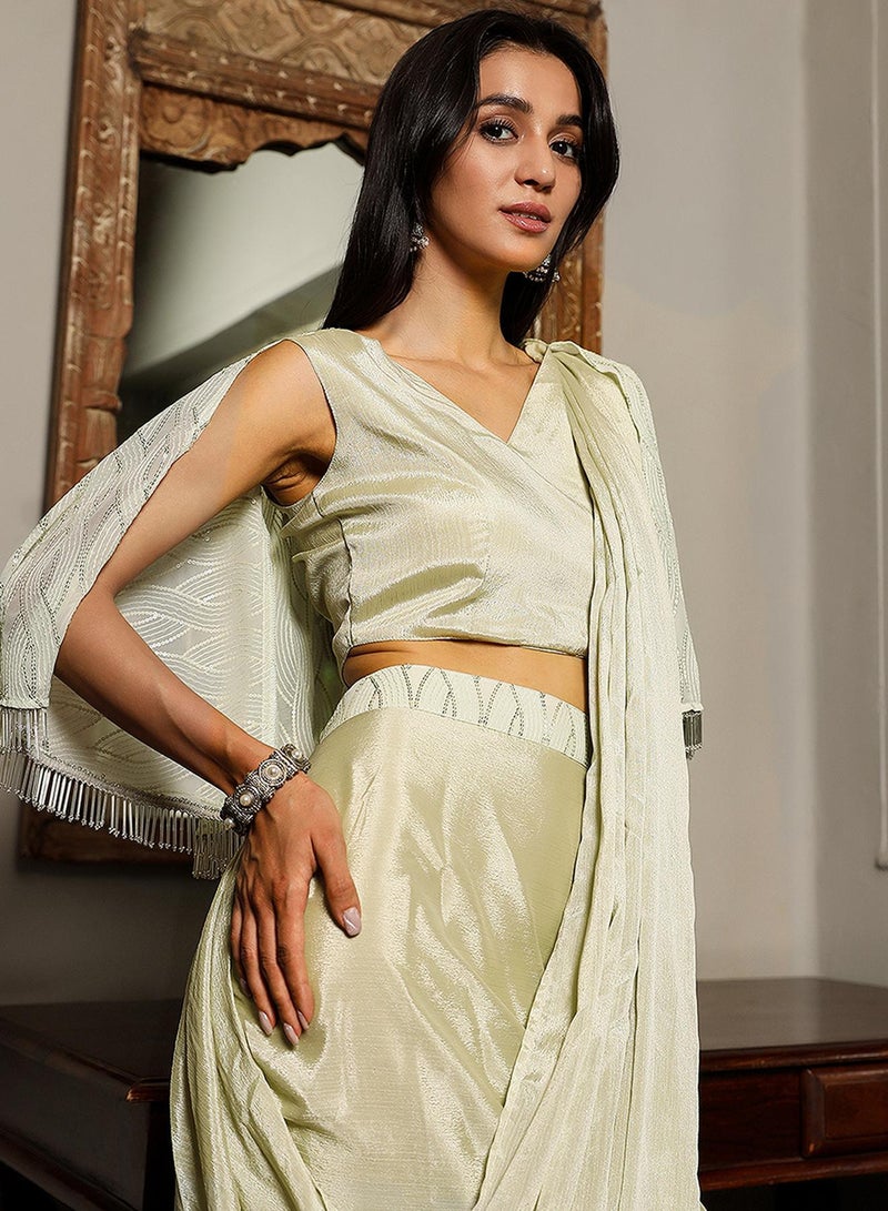 QISSA Women's Sage Green Bijou Cape Pre-Draped Saree - Image 5