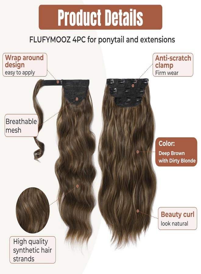 Flufymooz مجموعة وصلات شعر ذيل الحصان من FLUFYMOOZ مكونة من 4 قطع، نصف مرفوع ونصف منسدل، وصلات شعر صناعية ناعمة للنساء، وصلات شعر طويلة وكثيفة بمشابك، مموجة وكثيفة، ملفوفة بشكل عالٍ (بني داكن مع أشقر داكن 22 بوصة). - Image 3