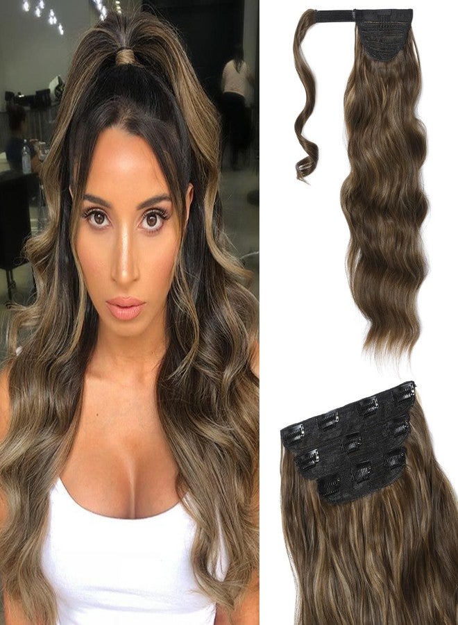 Flufymooz مجموعة وصلات شعر ذيل الحصان من FLUFYMOOZ مكونة من 4 قطع، نصف مرفوع ونصف منسدل، وصلات شعر صناعية ناعمة للنساء، وصلات شعر طويلة وكثيفة بمشابك، مموجة وكثيفة، ملفوفة بشكل عالٍ (بني داكن مع أشقر داكن 22 بوصة). - Image 1