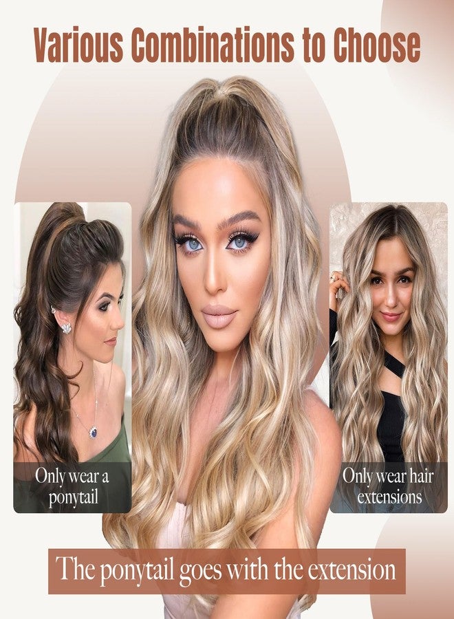 Flufymooz مجموعة وصلات شعر ذيل الحصان من FLUFYMOOZ مكونة من 4 قطع، نصف مرفوع ونصف منسدل، وصلات شعر صناعية ناعمة للنساء، وصلات شعر طويلة وكثيفة بمشابك، مموجة وكثيفة، ملفوفة بشكل عالٍ (بني داكن مع أشقر داكن 22 بوصة). - Image 5