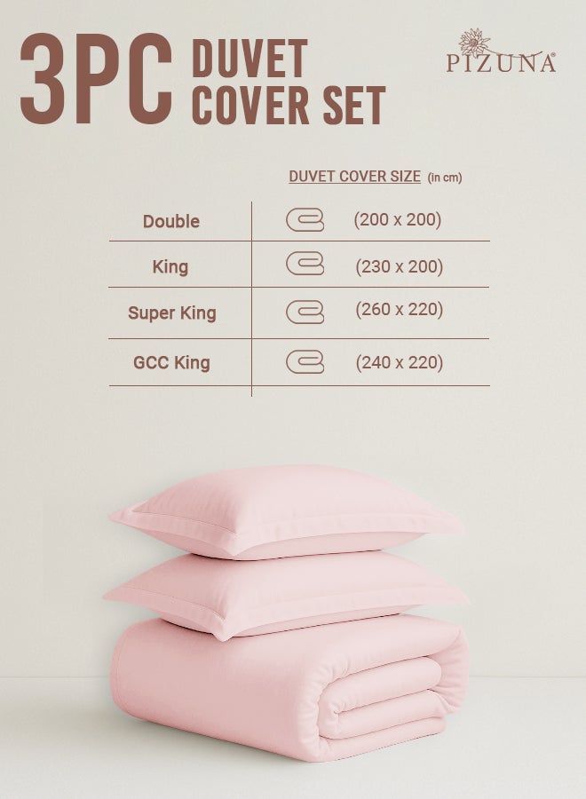 Pizuna Pure Combed Cotton GCC King Duvet Cover 220x240 cm Light Pink, 400 Thread Count Cool Breathable 100% Long Staple Cotton Sateen Weave Quilt Cover with 2 Pillowcases (White Bedding Set) - Image 3