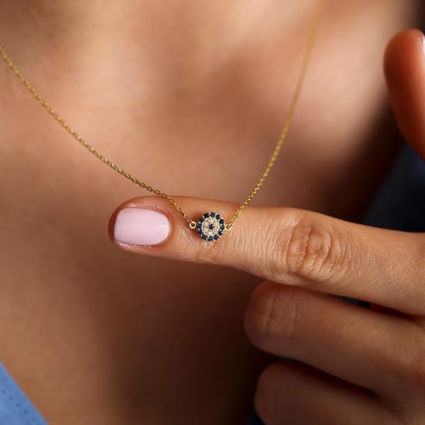 LLWOM Evil Eye Necklace-14K Gold Plated Evil Eye Necklace For Women Gold Evil Eye Necklace Blue White CZ Diamond Round Evil Eye Pendant Necklace - Image 3