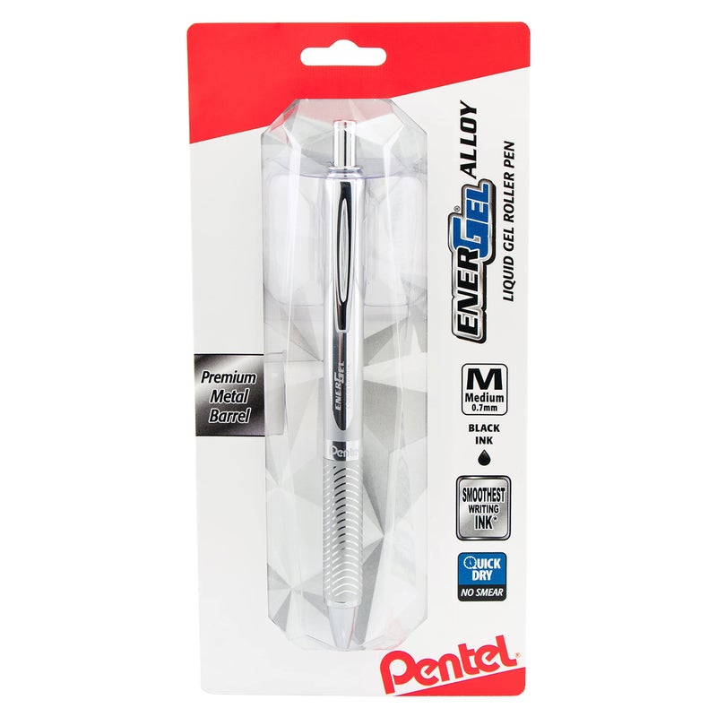 Pentel Energel Alloy Retractable Liquid Gel Pen, (0.7mm) Medium Line, Silver Barrel, Black Ink, 1 Pack (BL407BP) - Image 1