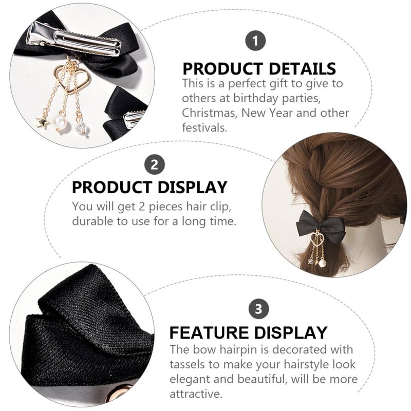 SAFIGLE Satin Ribbon Hair Bows Clips with Fringe Celestial Butterfly Bowknot Barrettes 2 Pieces Black Hairpin Accessories for Women Teens Party Styling - Image 3
