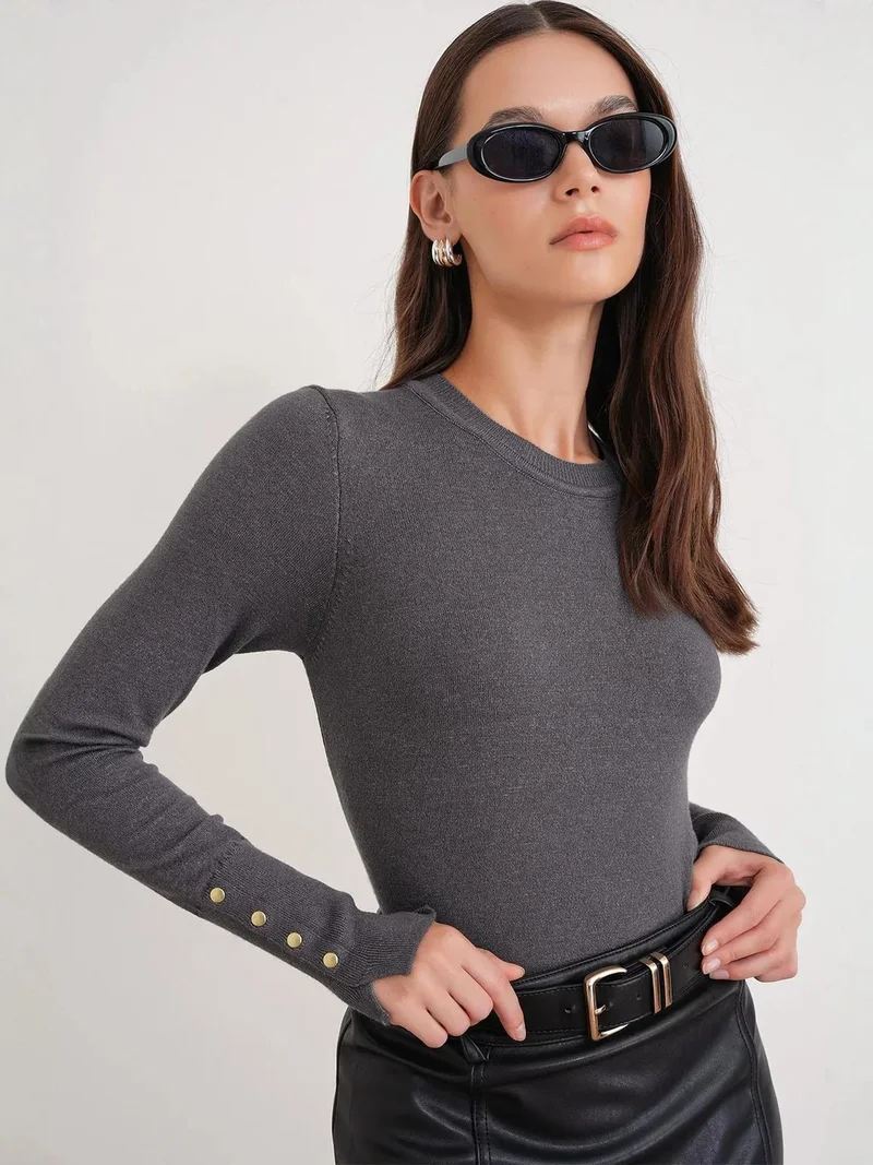 Mixray Dark Grey Mixray Crew Neck Knit Sweater for Women | Best Price UAE