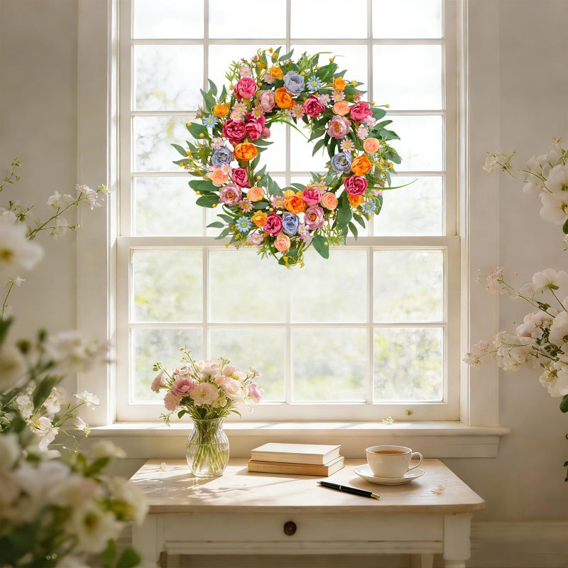 Egolot 24 Inch Spring Summer Penoy Wreath for Front Door, Colorful Wildflowers Floral Eucalyptus Wreath for Indoor Outdoor, All Seasons Everyday Wreaths for Front Door Outside - Image 5