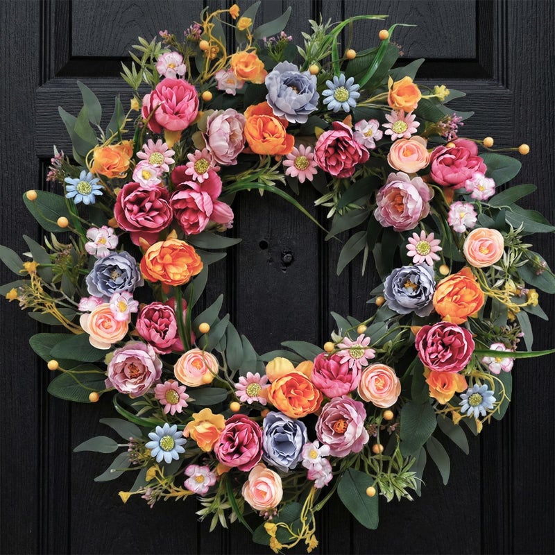 Egolot 24 Inch Spring Summer Penoy Wreath for Front Door, Colorful Wildflowers Floral Eucalyptus Wreath for Indoor Outdoor, All Seasons Everyday Wreaths for Front Door Outside - Image 1