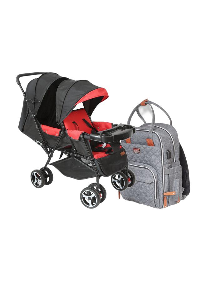 MOON Magnum Tandem Easy Fold Twin Travel Stroller-Fire Red,MOON NUTRA Diaper Backpack - Image 1